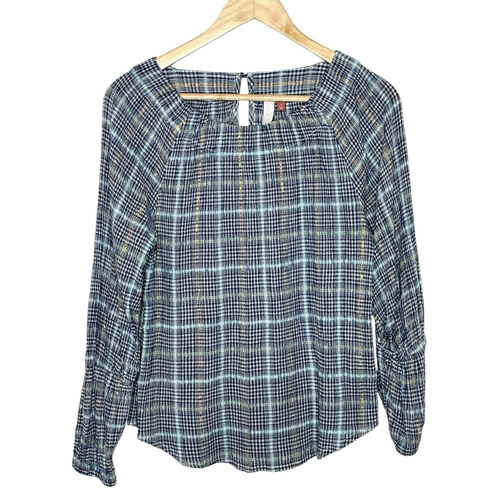 Pilcro Plaid Crinkle Top Blue Womens Small Metallic Long Sleeve Anthropologie